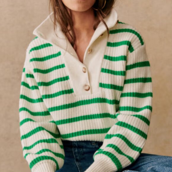 Sezane Sweaters - LA Maille Sezane Kyam White and Green Striped Jumper with Buttons